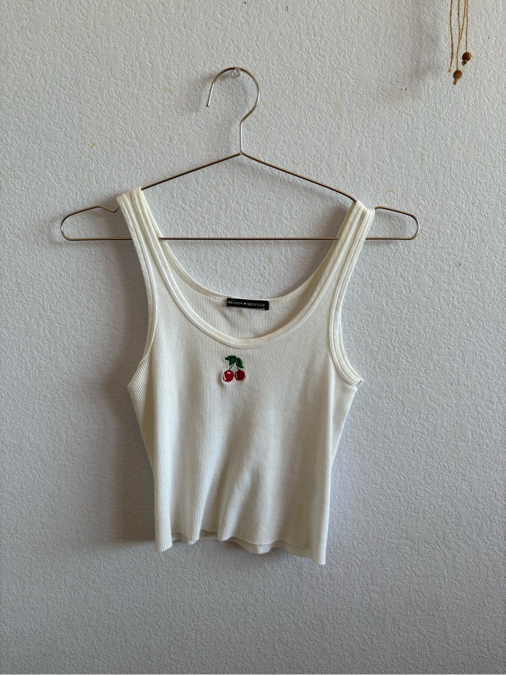Brandy Melville Cream Ribbed Tank with Cherry Embroidery